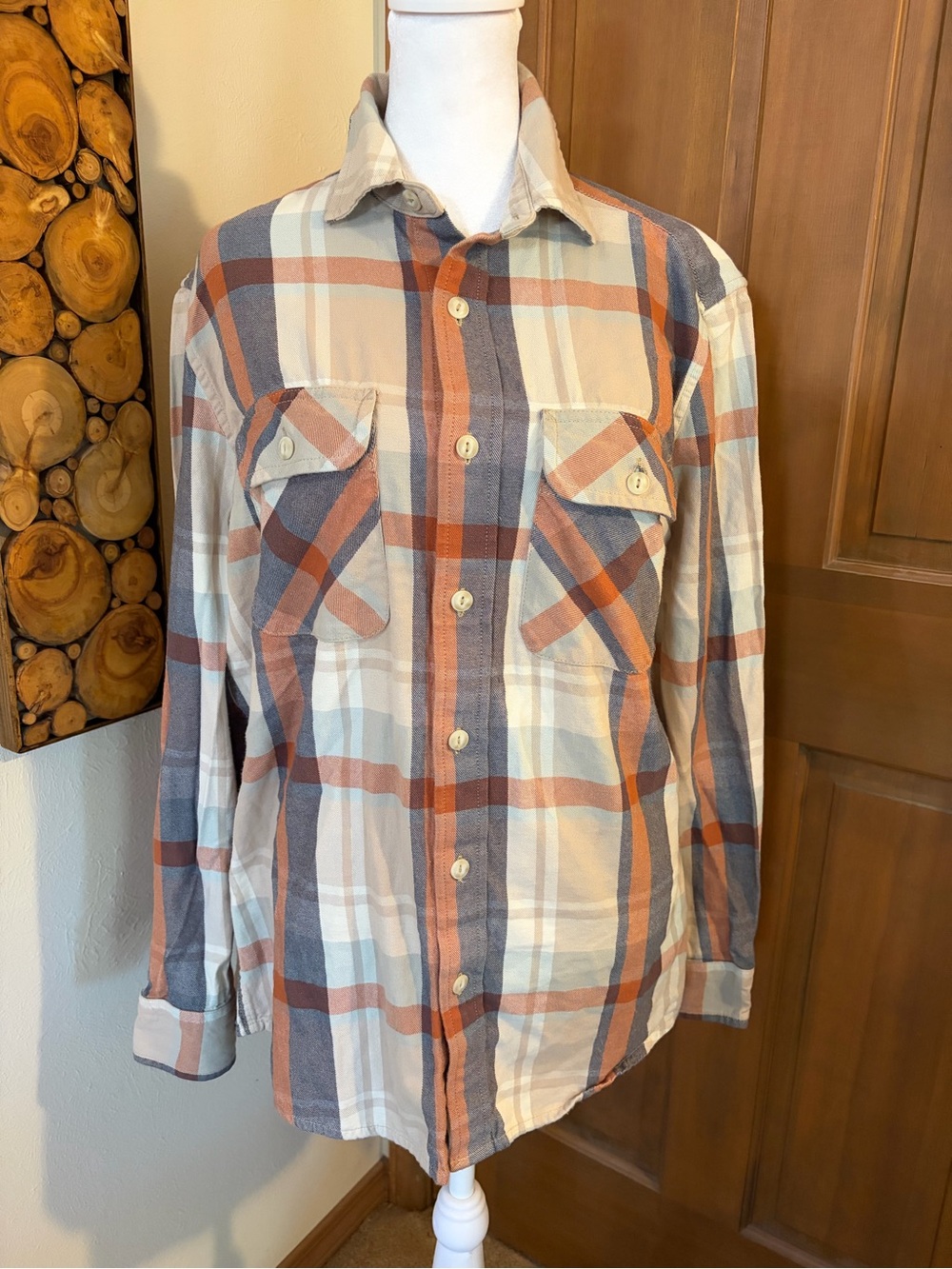 Pendleton women’s Long-Sleeve Plaid Button-Up Shirt in Cream, Rust & Blue